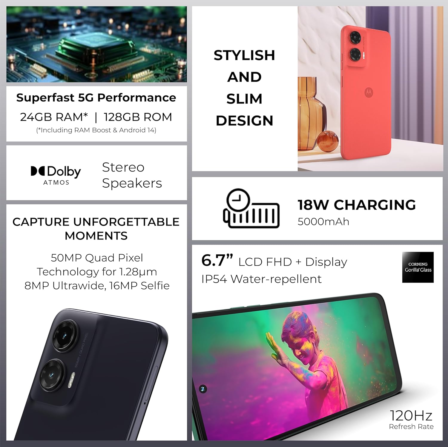 موتورولا G35 5G، ذاكرة RAM 8+8GB، شريحة اتصال PSIM، روم 128GB، يونيسوك T760، شاشة POLED 6.7 انش 120Hz، اندرويد 14، اسود 7 موتورولا G35 5G، ذاكرة RAM 8+8GB، شريحة اتصال PSIM، روم 128GB، يونيسوك T760، شاشة POLED 6.7 انش 120Hz، اندرويد 14، اسود - الصورة 7