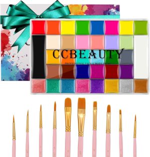 مجموعة طلاء للوجه من CCbeauty مكون من 36 لونًا احترافيًا ، مجموعة طلاء مكياج كوسبلاي ، مؤثرات خاصة للهالوين ، مجموعة مكياج SFX مع 10 فرش وردية