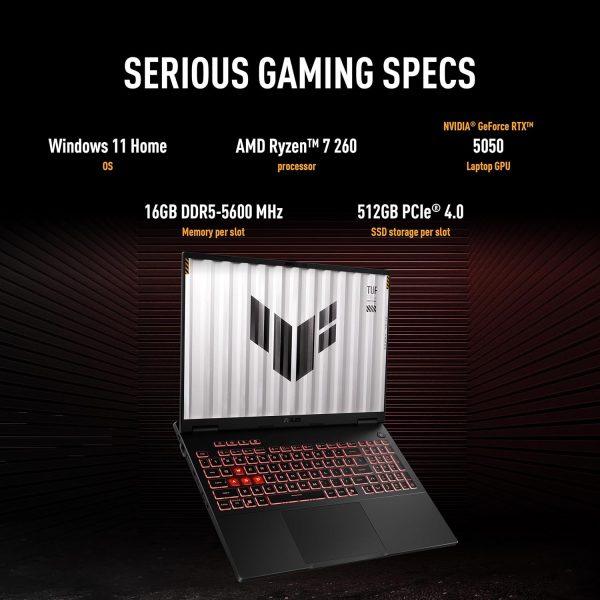 ⁦ASUS TUF Gaming A16 (Jaeger Gray) Gaming Laptop | NVIDIA RTX 5050 8GB | AMD Ryzen 7 260 | 16GB RAM | 512GB SSD | 16"FHD+ 165Hz Display | Win11 [FA608UH-G1S825W]⁩ - الصورة ⁦3⁩