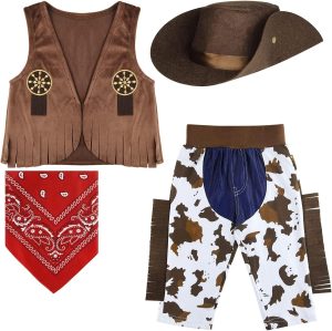 X spring Denim Clothing Set, 4 PCS Western Cowboy Costume for Kids with Hat and Bandana, Size 120 Cowboy Outfit for Boys Girls Role Play Dress Up and Rodeo Theme Party