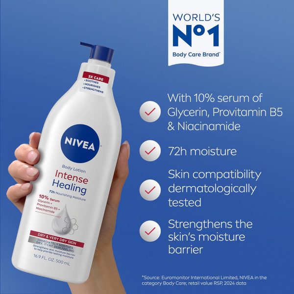 ⁦NIVEA Intense Healing Body Lotion - 72 Hour Moisture For Dry to Very Dry Skin - 16.9 fl. oz. Pump Bottle⁩ - الصورة ⁦3⁩