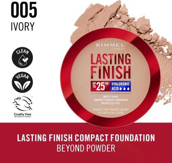 ⁦Rimmel Lasting Finish, 005 Ivory, Compact Foundation, Soft-Focus Finish, Matte Finish, Full Coverage, SPF20, Vegan Formula, 7g⁩ - الصورة ⁦2⁩