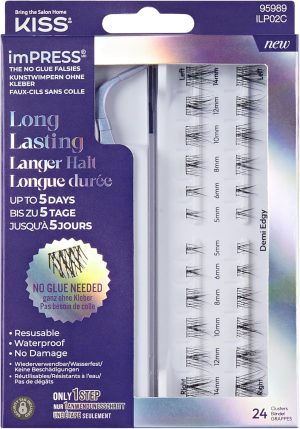 KISS imPRESS Falsies Long Lasting Self-Adhesive Eyelashes, 'Demi Edgy', 5 Day Extended Wear Time, 24 Natural Volume Eyelash Clusters (5, 6, 8, 10, 12 and 14 mm), Precise Non-Stick Applicator