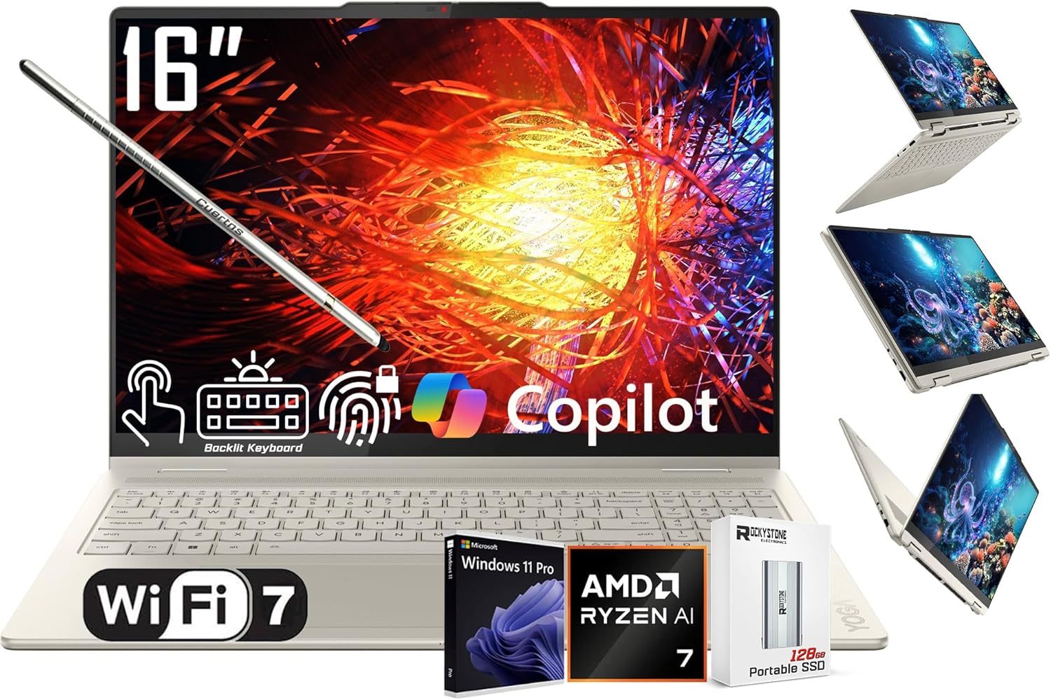 Lenovo Yoga 7 2-in-1 AI PC Copilot+ Laptop, 16" 2K LCD Touchscreen, AMD 8-Core Ryzen AI 7 350, 16GB LPDDR5X, 1TB SSD, WiFi 7, Backlit KB, Fingerprint, 1080P Webcam, W/128 PSD, Win 11 PRO 1 Lenovo Yoga 7 2-in-1 AI PC Copilot+ Laptop, 16" 2K LCD Touchscreen, AMD 8-Core Ryzen AI 7 350, 16GB LPDDR5X, 1TB SSD, WiFi 7, Backlit KB, Fingerprint, 1080P Webcam, W/128 PSD, Win 11 PRO