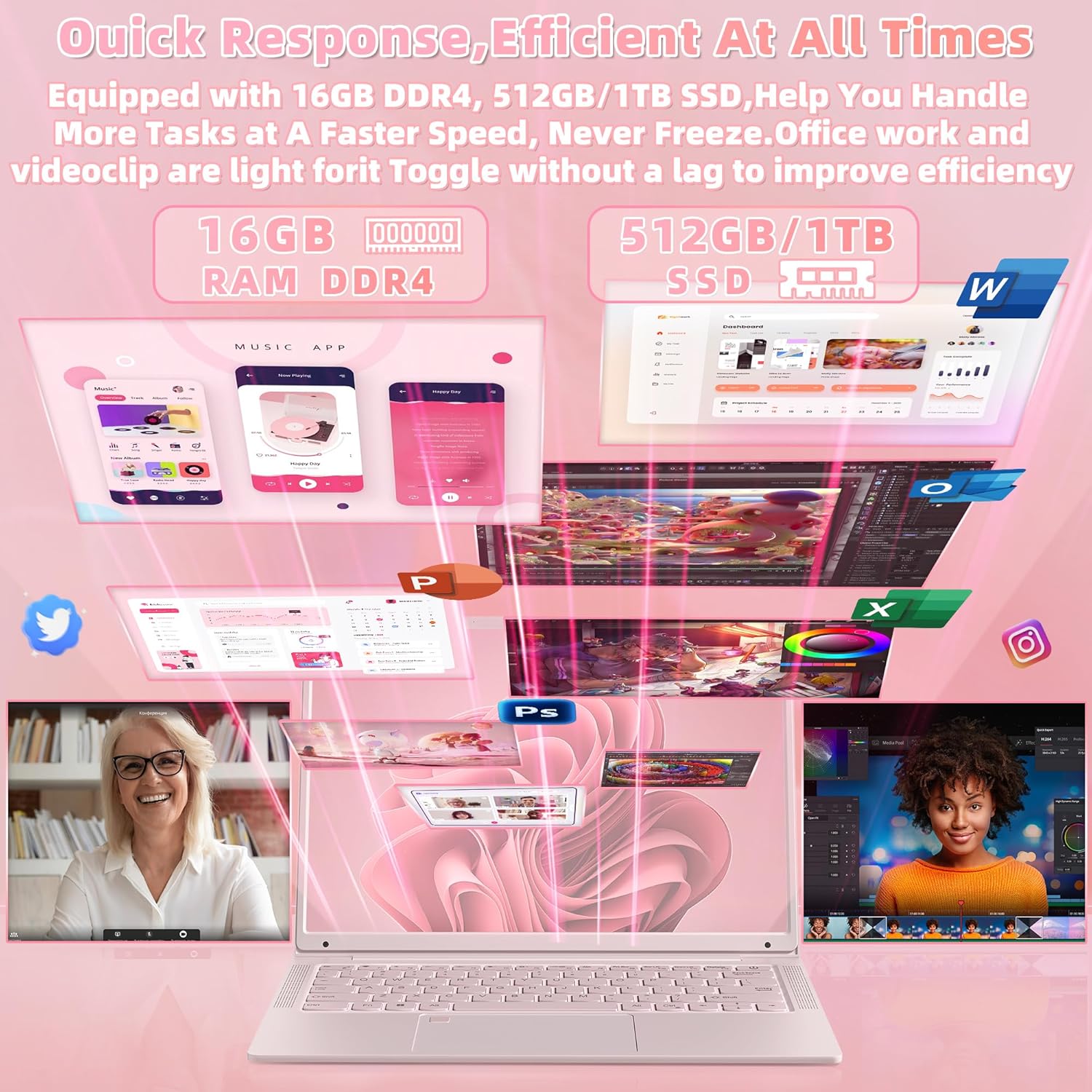 Nmybwo 14''Pink Laptop 16GB DDR4 RAM 1TB SSD,2K UHD (2160 * 1440) IPS Display Laptop, Celeron N150 CPU (Up to 3.6 Ghz) Win 11 Portable PC/WiFi 5,Type-C,3MP Camera,6000Mah,BT5.0,Fingerprint (16G+1TB) 4 Nmybwo 14''Pink Laptop 16GB DDR4 RAM 1TB SSD,2K UHD (2160 * 1440) IPS Display Laptop, Celeron N150 CPU (Up to 3.6 Ghz) Win 11 Portable PC/WiFi 5,Type-C,3MP Camera,6000Mah,BT5.0,Fingerprint (16G+1TB) - الصورة 4