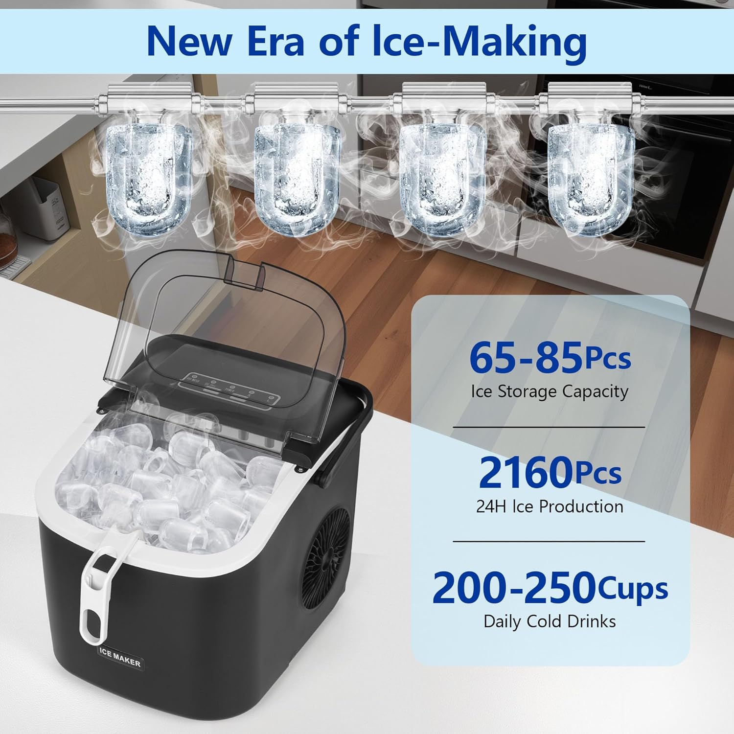 Ice Maker Countertop, Portable Self-Cleaning Ice Maker Machine with Handle, Scoop and Basket, 9 Bullet Ice Cubes in 6 Mins, 12KG/24H, 2 Sizes of Ice, Ideal for Home, Kitchen, Office, Party (Black) 4 Ice Maker Countertop, Portable Self-Cleaning Ice Maker Machine with Handle, Scoop and Basket, 9 Bullet Ice Cubes in 6 Mins, 12KG/24H, 2 Sizes of Ice, Ideal for Home, Kitchen, Office, Party (Black) - الصورة 4
