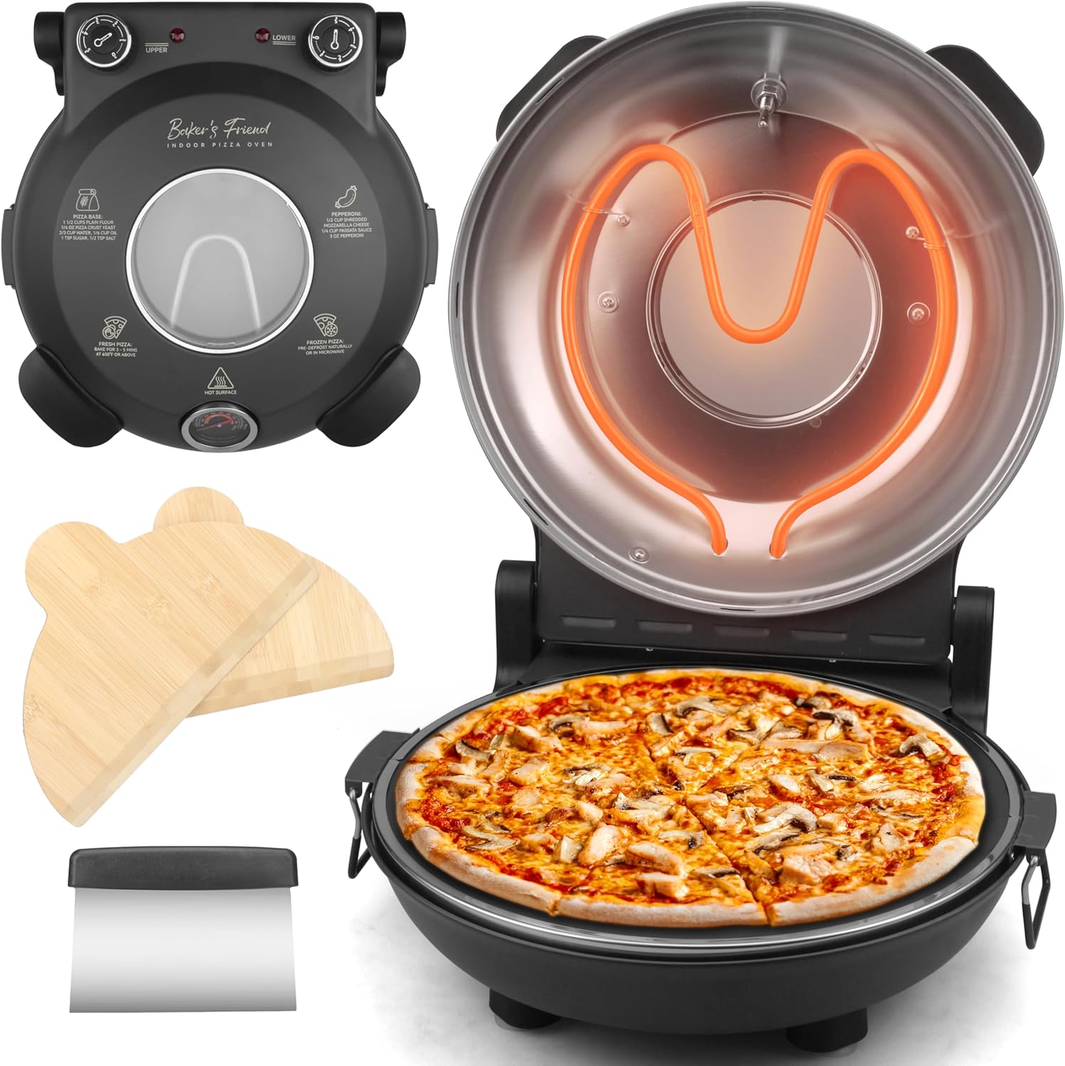 Baker's Friend - Indoor Electric Pizza Oven, 12 Inch Pizza Machine for Home, Pizza Cooker and Pizza Grill, Premium Glazed Ceramic Stone Pizza Oven 1 Baker's Friend - Indoor Electric Pizza Oven, 12 Inch Pizza Machine for Home, Pizza Cooker and Pizza Grill, Premium Glazed Ceramic Stone Pizza Oven