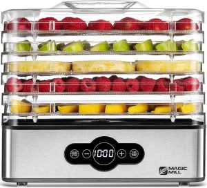 Magic Mill, Dehydrator | Digital Adjustable Timer and Temperature Control - Electric Food Preservation Machine with Powerful Drying Capacity (5 Stainless Steel Trays), MFD-5000