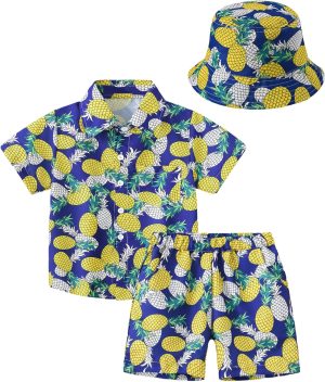 SEAUR Tropical Print Shirts for Boys and Shorts Outfits with Sun Hat Kids Hawaiian Printed Casual 3 Piece Clothes 3-12Y
