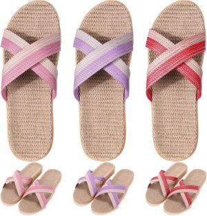 KASTWAVE 3 Pairs Linen House Slippers, Breathable Summer Indoor Slippers for Women, Washable Open-Toe Flax Shoes, Non-Slip Comfort for Home, Hotel, Travel, Bedroom & Airplane (Size 7.5-8.5)