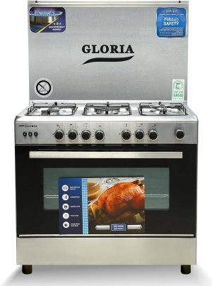 Gloria Gas Oven 60 * 90 Cm, Diamond, Light Pot Holder, Steel Surface, 5 burners, Full Safety, Egyptian Made, Triple Glass - 9905