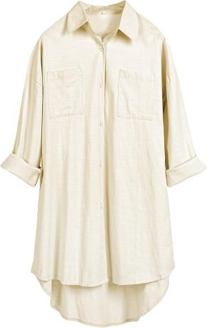 Bianstore Women's Oversized Linen Shirts Blouses Tops Long Sleeve High Low Button Up Shirts