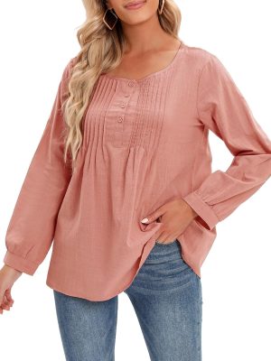 HELEMIY Casual Women Cotton Blouse O-Neck Long Sleeve Button Solid Loose Tee Shirt Tops