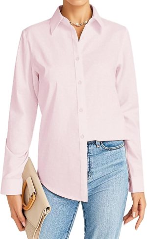 JiaYouLC Women's Long Sleeve Blouses & Shirts Stretch Formal Button Down T Shirts Executive Office Business Casual Tops for Ladies