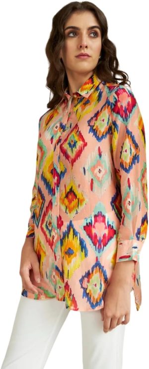 Leriya Fashion Women's Rayon Ikat Printed Casual Shirt Tops for Women Long Cuff Sleeves Collared Neck Button Down Tunic for Outing Travel Holiday Party Office Wear Shirts