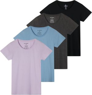 Real Essentials 4 Pack: Women's Classic-Fit Cotton Short-Sleeve Scoop Crew Neck T-Shirt (Available in Plus Size)