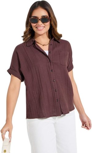 Styli Women 7005357105 Cotton Gauze Textured Shirt With Turn-Up Sleeves