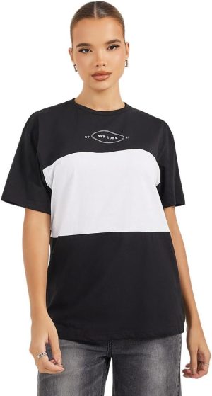 Styli Women Color Block Print Round Neck Oversized T-Shirt