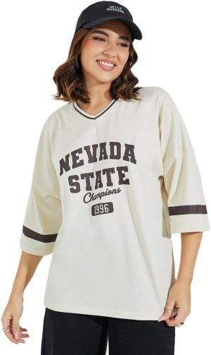 Styli Women Oversized Slogan Print T-Shirt With Exaggerated Sleeves