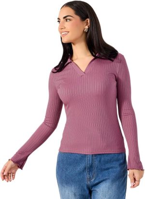 Styli Women Ribbed Fitted Polo T-Shirt With Long Sleeves