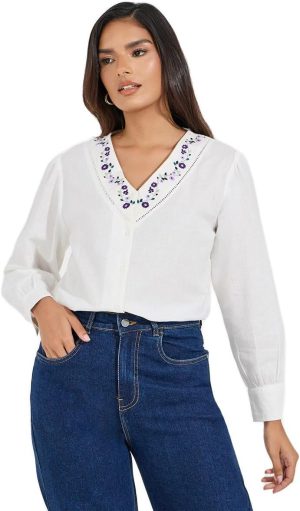 Styli Womene Embroidery Detail V Neck Blouse With Cuffed Sleeve
