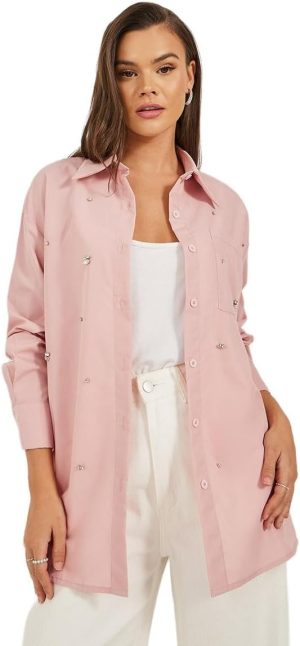 Styli Women's Embellished Longline Oversized Shirt