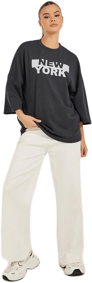 Styli Women's New York Slogan Print Dropped Shoulders Oversized T-Shirt