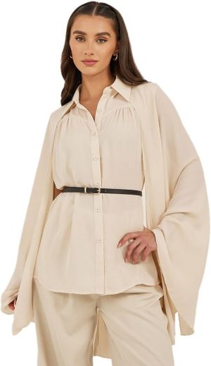 Styli Women's Plain Belted Cape Sleeves Blouse