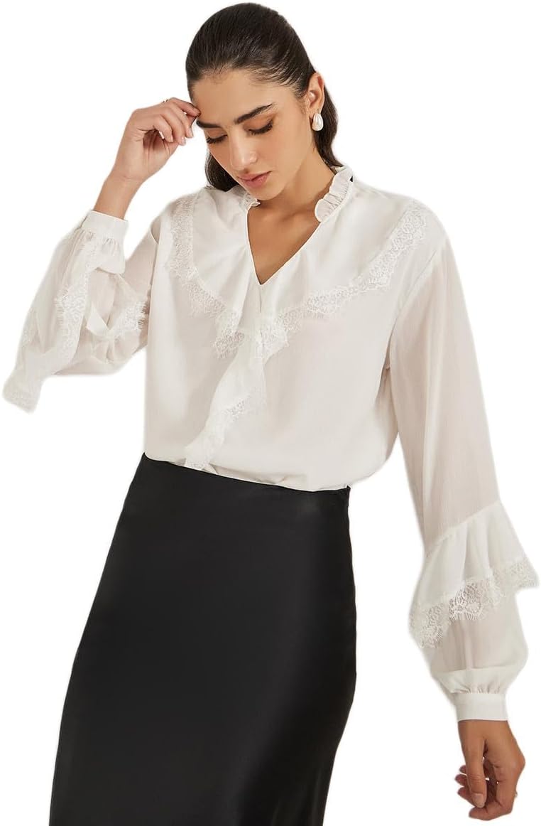 Styli Women's Ruffled Detail Lace Insert V-Neck Blouse 1 Styli Women's Ruffled Detail Lace Insert V-Neck Blouse
