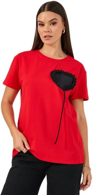 Styli Women's Short Sleeve Heart Applique Detailed Round Neck T-Shirt