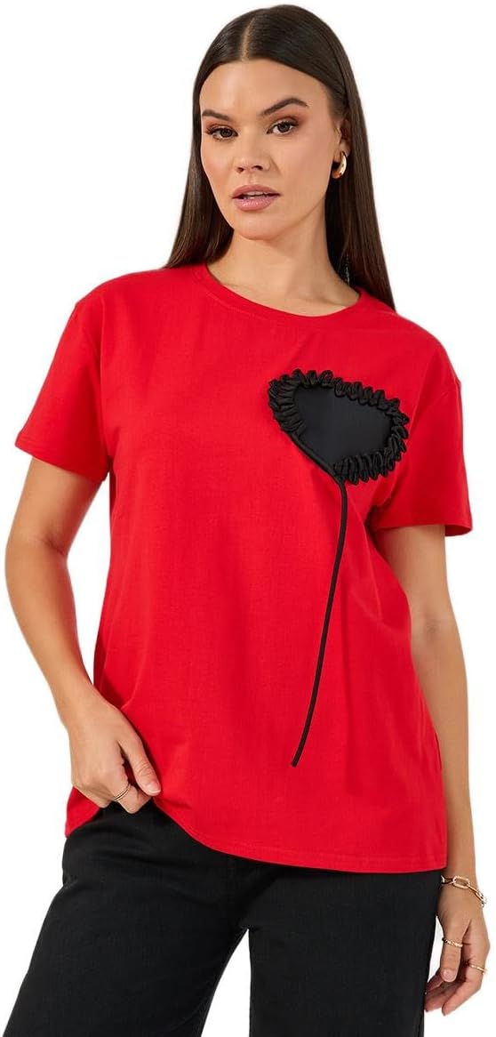 Styli Women's Short Sleeve Heart Applique Detailed Round Neck T-Shirt 1 Styli Women's Short Sleeve Heart Applique Detailed Round Neck T-Shirt