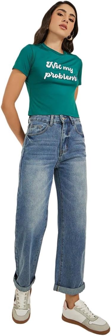 Styli Women's Slogan Print Round Neck Short Sleeve T-Shirt 1 Styli Women's Slogan Print Round Neck Short Sleeve T-Shirt