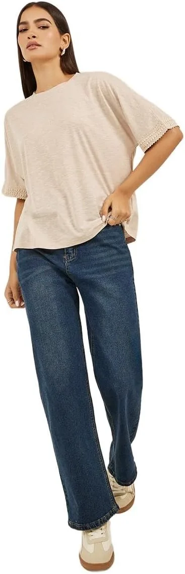 Styli Women's Slubbed Short Sleeves Boxy T-Shirt With Lace Detail 7 Styli Womens Slubbed Short Sleeves Boxy T Shirt With Lace Detail jpg