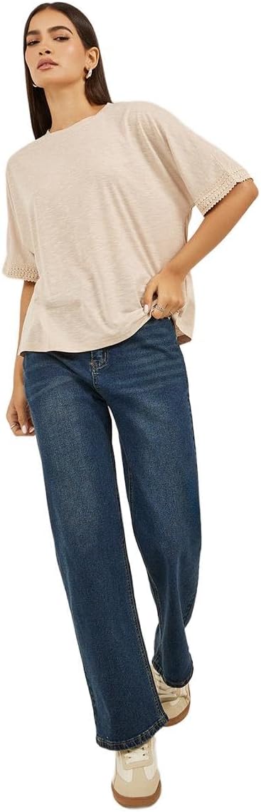 Styli Women's Slubbed Short Sleeves Boxy T-Shirt With Lace Detail 1 Styli Women's Slubbed Short Sleeves Boxy T-Shirt With Lace Detail