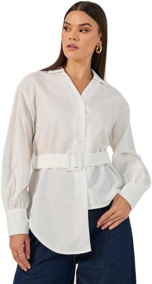 Styli Women's Solid Button-Down Collar Plain Shirt With Belted