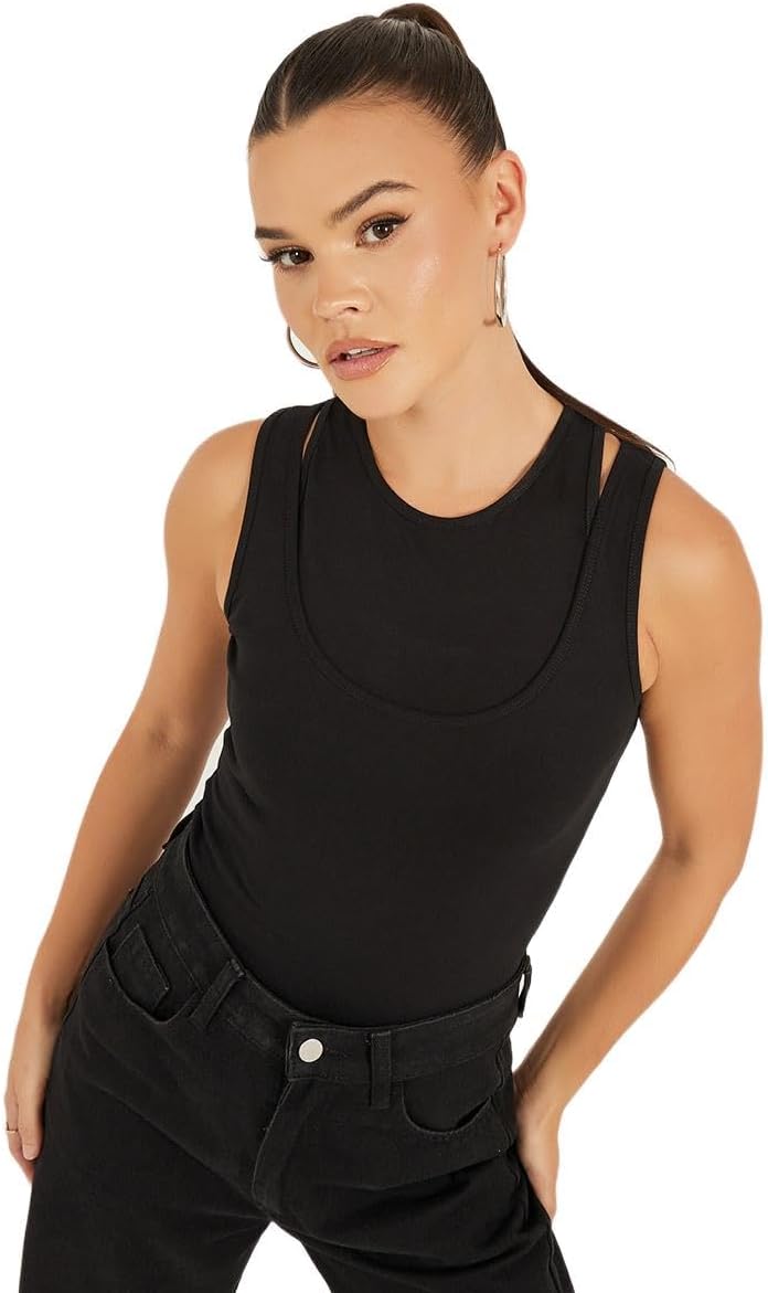 Styli Women's Solid Layered Neck Fitted Tank T-Shirt 1 Styli Women's Solid Layered Neck Fitted Tank T-Shirt