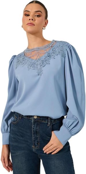 Styli Women's Solid Long Sleeve Blouse With Lace Detail