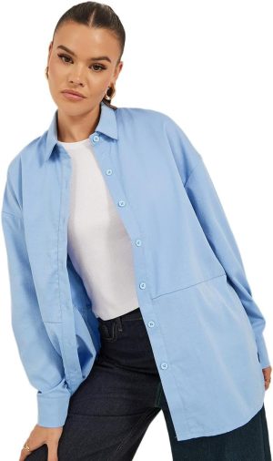 Styli Women's Solid Oversized Spread Collar Longline Shirt