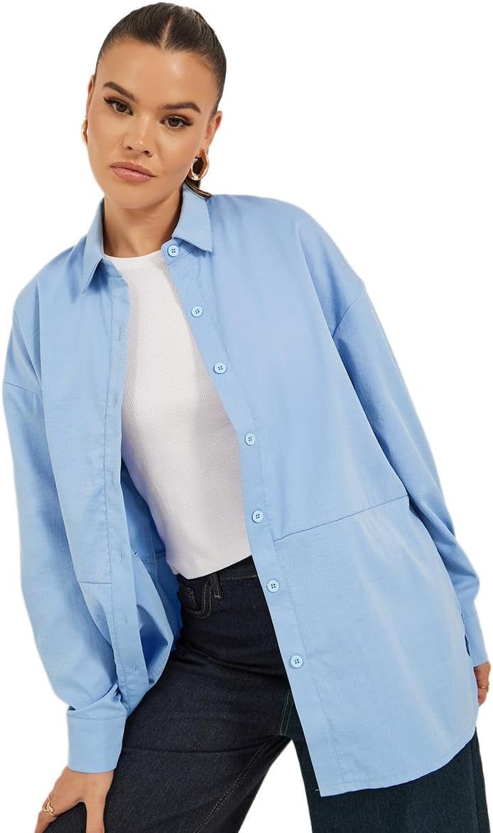 Styli Women's Solid Oversized Spread Collar Longline Shirt 1 Styli Women's Solid Oversized Spread Collar Longline Shirt