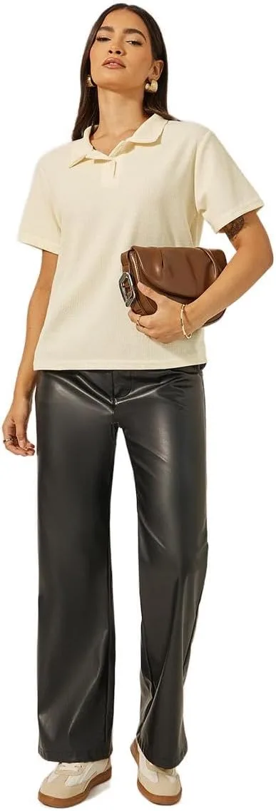 Styli Women's Waffle Knit Regular Fit Polo T-Shirt 7 Styli Womens Waffle Knit Regular Fit Polo T Shirt jpg