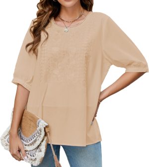 Women's Boho Embroidered Blouse, Coruja Mexican Bohemian Style Tops, Half Sleeve, Loose, Round Neck, Cotton Shirt, Plus Size Casual Tee Blouse