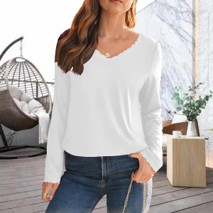 Women's Long Sleeve V-Neck Blouse with Lace Detail, Dressy Business Casual Top for Fall Winter, Cute Basic Stretchy Tee
