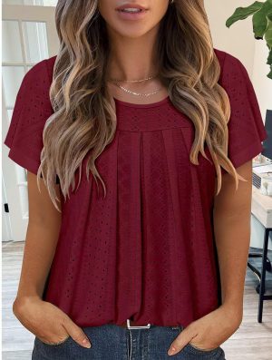 Womens Plus Size Summer Dressy Blouses Round Neck 2025 Short Sleeve Tunic Tops for Leggings Casual T-Shirts Eyelet