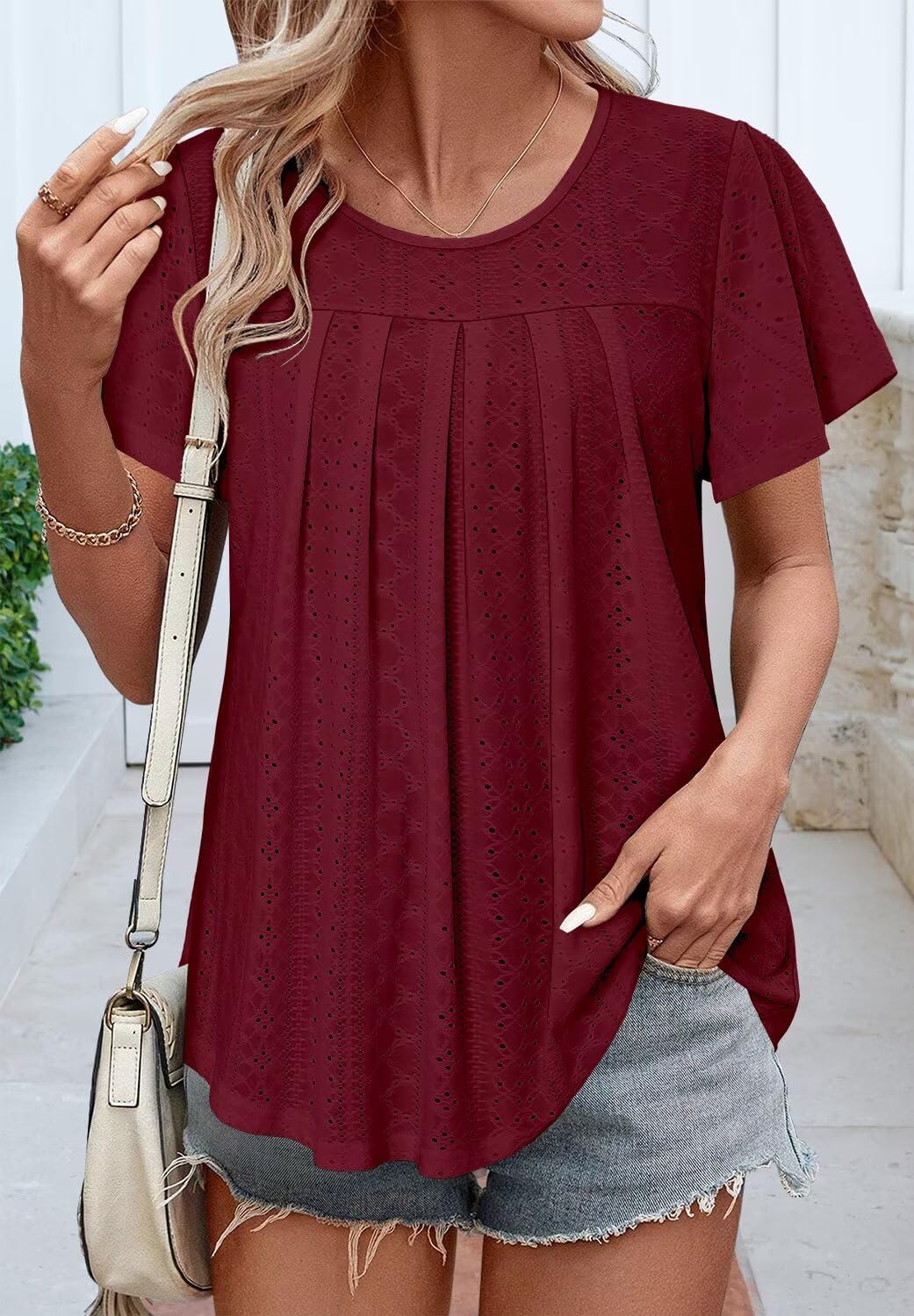 Womens Plus Size Summer Dressy Blouses Round Neck 2025 Short Sleeve Tunic Tops for Leggings Casual T-Shirts Eyelet 2 Womens Plus Size Summer Dressy Blouses Round Neck 2025 Short Sleeve Tunic Tops for Leggings Casual T-Shirts Eyelet - الصورة 2