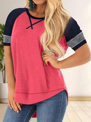 Womens Plus Size Tunic Tops Summer Crew Neck Striped Loose Tee Shirt Casual Short Sleeve