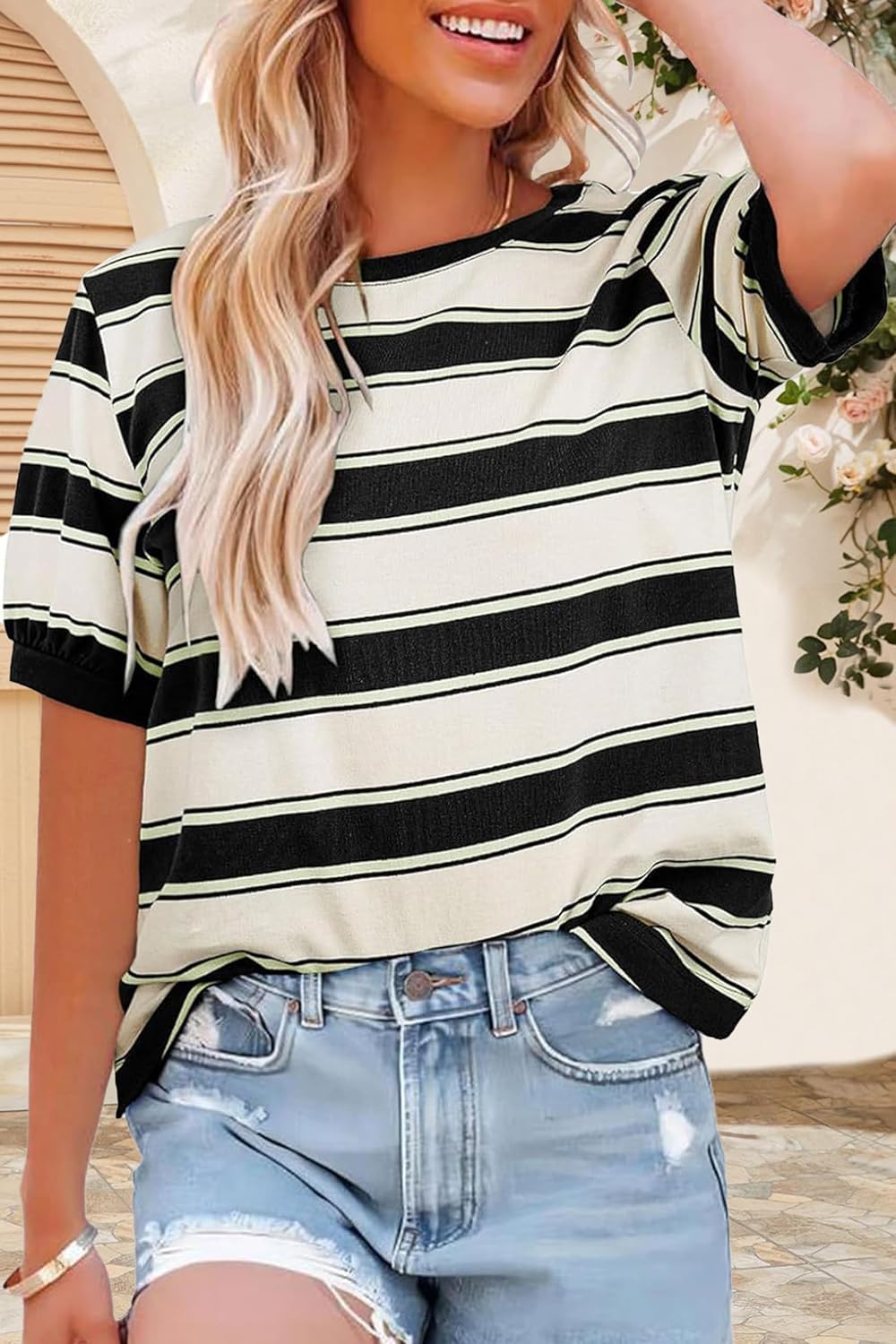 Womens Summer Tops 2025 Striped Color Block Short Sleeve T-Shirts Crewneck Casual Loose Basic Tee Blouses 2 Womens Summer Tops 2025 Striped Color Block Short Sleeve T-Shirts Crewneck Casual Loose Basic Tee Blouses - الصورة 2