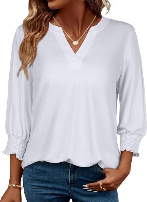 بلايز نسائية كاجوال باكمام 3/4 وقبة V واكمام منفوخة