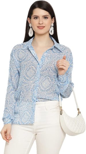 بلوزة شيفون شفافة مطبوعة بأزرار أمامية وأكمام طويلة وكتف منسدل من شاسمي