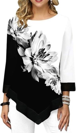 فاونو بلوزة نسائية عصرية مطبوعة بالزهور مقاس كبير 34 كم وحافة غير منتظمة ورقبة دائرية تي شيرتات ربيعية كاجوال