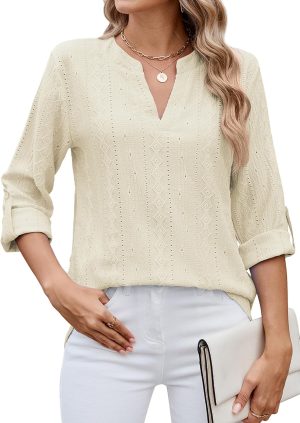 قميص نسائي بأكمام طويلة، بلوزة واسعة بياقة V بلون سادة، تيشيرت كاجوال قابل للارتداء كقطعة عليا سهلة وسلسة من سيور
